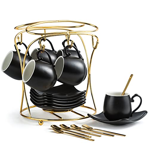 LYEOBOH Espresso Cups with Saucers Set, 3 Ounces Porcelain Coffee Cups with Metal Stand and Spoons,Cappuccino Cups Cute Demitasse Cups for Coffee Drinks, Latte, Tea Set of 6, Black