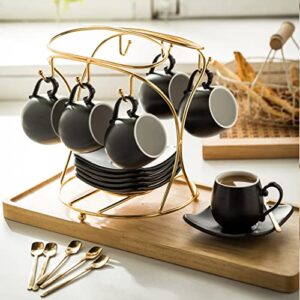 LYEOBOH Espresso Cups with Saucers Set, 3 Ounces Porcelain Coffee Cups with Metal Stand and Spoons,Cappuccino Cups Cute Demitasse Cups for Coffee Drinks, Latte, Tea Set of 6, Black