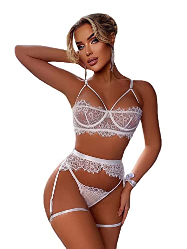 WDIRARA Women's Sexy Floral Lace Cut Out Underwire Garter Belt Bra and Panty Lingerie Set with Leg Rings White L