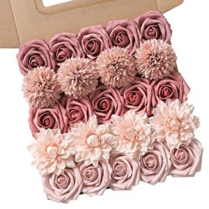 rongflower artificial flowers combo box set gradient color flower leaf with stems for diy wedding bouquets centerpieces baby shower party home decorations（pink purple）