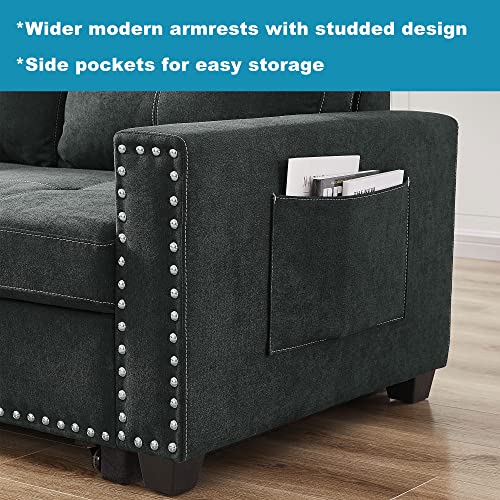Sectional Sleeper Sofa with Pull-Out Bed, 85-inch Modern Fabric Upholstered L Shaped Sectional Couch Bed with Reversible Storage Chaise Side Pocket, Furniture for Living Room Bedroom Apartment, Black
