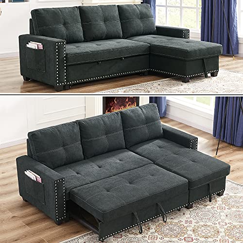 Sectional Sleeper Sofa with Pull-Out Bed, 85-inch Modern Fabric Upholstered L Shaped Sectional Couch Bed with Reversible Storage Chaise Side Pocket, Furniture for Living Room Bedroom Apartment, Black