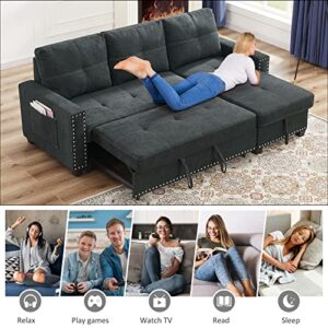 Sectional Sleeper Sofa with Pull-Out Bed, 85-inch Modern Fabric Upholstered L Shaped Sectional Couch Bed with Reversible Storage Chaise Side Pocket, Furniture for Living Room Bedroom Apartment, Black
