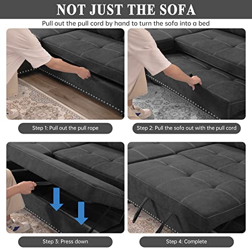 Sectional Sleeper Sofa with Pull-Out Bed, 85-inch Modern Fabric Upholstered L Shaped Sectional Couch Bed with Reversible Storage Chaise Side Pocket, Furniture for Living Room Bedroom Apartment, Black