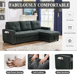 Sectional Sleeper Sofa with Pull-Out Bed, 85-inch Modern Fabric Upholstered L Shaped Sectional Couch Bed with Reversible Storage Chaise Side Pocket, Furniture for Living Room Bedroom Apartment, Black