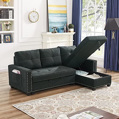 Sectional Sleeper Sofa with Pull-Out Bed, 85-inch Modern Fabric Upholstered L Shaped Sectional Couch Bed with Reversible Storage Chaise Side Pocket, Furniture for Living Room Bedroom Apartment, Black