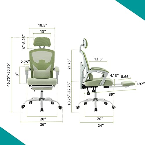 Ergonomic Office Chair, Reclining High Back Mesh Chair, Computer Desk Chair, Swivel Rolling Home Task Chair with Lumbar Support Pillow, Adjustable Headrest, Retractable Footrest and Padded Armrests