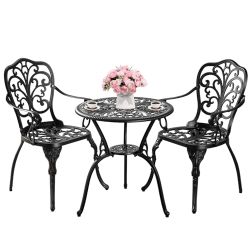 Withniture Bistro Set 3 Piece Outdoor, Round Bistro Table and Chairs Set of 2, Cast Aluminum Patio Bistro Sets with Umbrella Hole Outdoor Furniture for Garden, Porch, Black