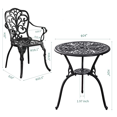 Withniture Bistro Set 3 Piece Outdoor, Round Bistro Table and Chairs Set of 2, Cast Aluminum Patio Bistro Sets with Umbrella Hole Outdoor Furniture for Garden, Porch, Black