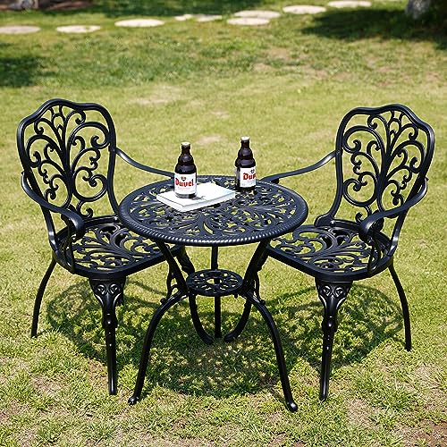 Withniture Bistro Set 3 Piece Outdoor, Round Bistro Table and Chairs Set of 2, Cast Aluminum Patio Bistro Sets with Umbrella Hole Outdoor Furniture for Garden, Porch, Black