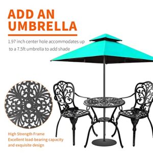 Withniture Bistro Set 3 Piece Outdoor, Round Bistro Table and Chairs Set of 2, Cast Aluminum Patio Bistro Sets with Umbrella Hole Outdoor Furniture for Garden, Porch, Black