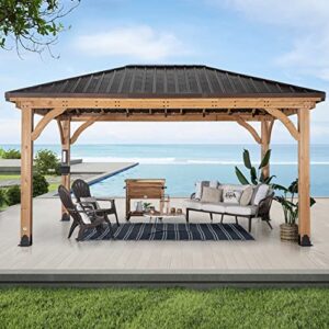 backyard discovery barrington 16 ft. x 12 ft. hip roof cedar wood gazebo pavilion, shade, rain, hard top steel metal roof, all weather protected, wind resistant up to 100 mph, holds up to 7800 lbs