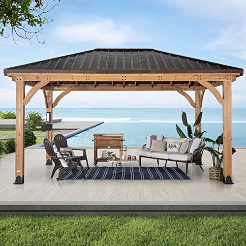 Backyard Discovery Barrington 16 ft. x 12 ft. Hip Roof Cedar Wood Gazebo Pavilion, Shade, Rain, Hard Top Steel Metal Roof, All Weather Protected, Wind Resistant up to 100 mph, Holds up to 7800 lbs