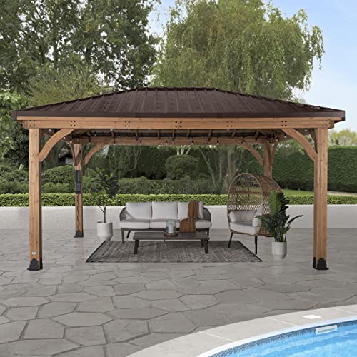 Backyard Discovery Barrington 16 ft. x 12 ft. Hip Roof Cedar Wood Gazebo Pavilion, Shade, Rain, Hard Top Steel Metal Roof, All Weather Protected, Wind Resistant up to 100 mph, Holds up to 7800 lbs