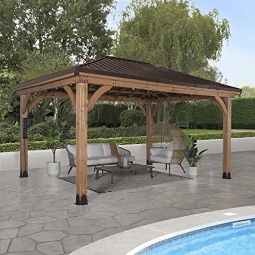 Backyard Discovery Barrington 16 ft. x 12 ft. Hip Roof Cedar Wood Gazebo Pavilion, Shade, Rain, Hard Top Steel Metal Roof, All Weather Protected, Wind Resistant up to 100 mph, Holds up to 7800 lbs