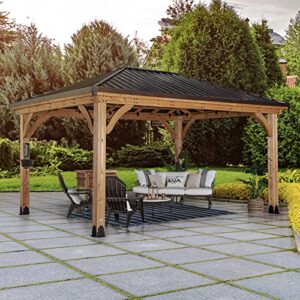 Backyard Discovery Barrington 16 ft. x 12 ft. Hip Roof Cedar Wood Gazebo Pavilion, Shade, Rain, Hard Top Steel Metal Roof, All Weather Protected, Wind Resistant up to 100 mph, Holds up to 7800 lbs