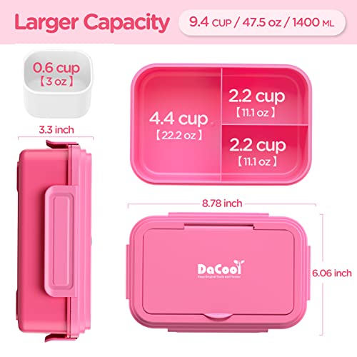 DaCool Kids Lunch Box with Ice Pack Chill Bento Lunch Containers 9.4 CUP Toddler Cold Bento Box with 3+1 Compartments Fork for Meals Snack Fruit, Leakproof Dishwasher & Microwave Safe BPA-Free,Pink