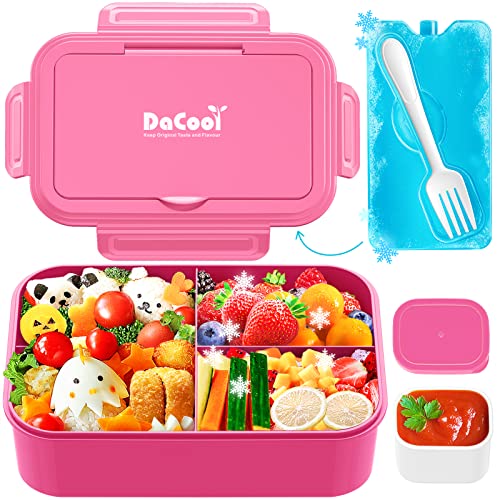 DaCool Kids Lunch Box with Ice Pack Chill Bento Lunch Containers 9.4 CUP Toddler Cold Bento Box with 3+1 Compartments Fork for Meals Snack Fruit, Leakproof Dishwasher & Microwave Safe BPA-Free,Pink