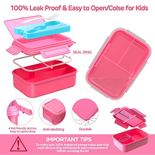 DaCool Kids Lunch Box with Ice Pack Chill Bento Lunch Containers 9.4 CUP Toddler Cold Bento Box with 3+1 Compartments Fork for Meals Snack Fruit, Leakproof Dishwasher & Microwave Safe BPA-Free,Pink