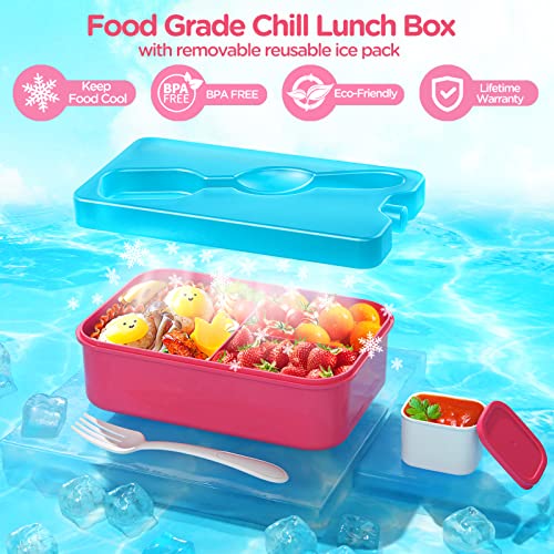 DaCool Kids Lunch Box with Ice Pack Chill Bento Lunch Containers 9.4 CUP Toddler Cold Bento Box with 3+1 Compartments Fork for Meals Snack Fruit, Leakproof Dishwasher & Microwave Safe BPA-Free,Pink