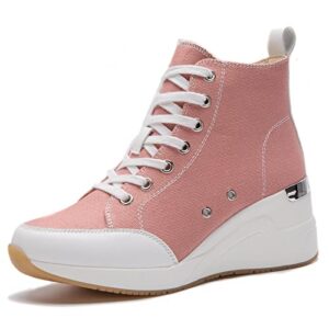 Pink High Top Canvas Wedge Sneakers for Women Canvas Shoes Non-Slip Lace Up Women Platform Sneakers