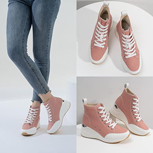 Pink High Top Canvas Wedge Sneakers for Women Canvas Shoes Non-Slip Lace Up Women Platform Sneakers