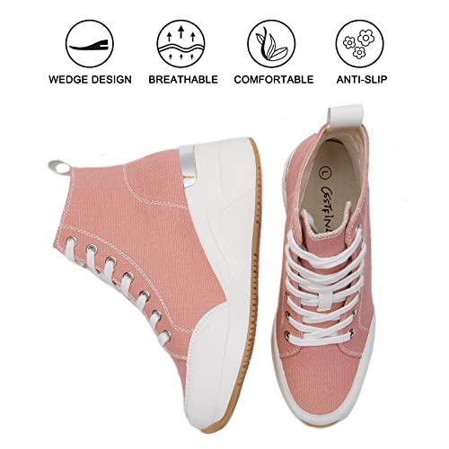 Pink High Top Canvas Wedge Sneakers for Women Canvas Shoes Non-Slip Lace Up Women Platform Sneakers