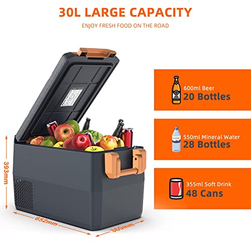 UKKISO 12 Volt Refrigerator for Car: 30L Portable Fridge Car Cooler -4℉-68℉ RV Electric Compressor Cooler APP Control Mini Fridge and Freezer, 12/24V DC and 100-240V AC for Travel, Camping (Orange)