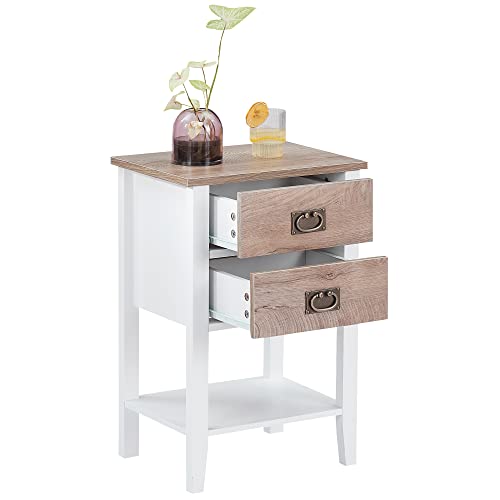 VECELO Nightstands End/Side Tables for Living Room Bedroom Bedside Storage, Vintage Accent Furniture Small Space, Solid Wood Legs, Two Drawers, White & Oak