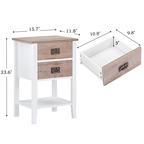 VECELO Nightstands End/Side Tables for Living Room Bedroom Bedside Storage, Vintage Accent Furniture Small Space, Solid Wood Legs, Two Drawers, White & Oak