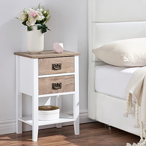 VECELO Nightstands End/Side Tables for Living Room Bedroom Bedside Storage, Vintage Accent Furniture Small Space, Solid Wood Legs, Two Drawers, White & Oak