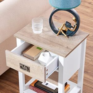 VECELO Nightstands End/Side Tables for Living Room Bedroom Bedside Storage, Vintage Accent Furniture Small Space, Solid Wood Legs, Two Drawers, White & Oak