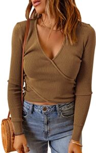 prettygarden women's long sleeve cropped sweaters cross v neck pullover ribbed knit slim fitted asymmetrical tops khaki