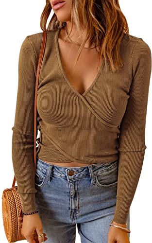 PRETTYGARDEN Women's Long Sleeve Cropped Sweaters Cross V Neck Pullover Ribbed Knit Slim Fitted Asymmetrical Tops Khaki