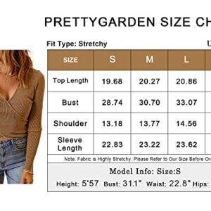 PRETTYGARDEN Women's Long Sleeve Cropped Sweaters Cross V Neck Pullover Ribbed Knit Slim Fitted Asymmetrical Tops Khaki