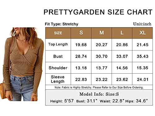 PRETTYGARDEN Women's Long Sleeve Cropped Sweaters Cross V Neck Pullover Ribbed Knit Slim Fitted Asymmetrical Tops Khaki