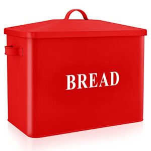 teamfar bread box for kitchen countertop, metal extra large bread box with lid for storage and organization, 13’’ x 9.8’’ x 7.3’’ modern farmhouse bread bin to holds 2+ loaves- red