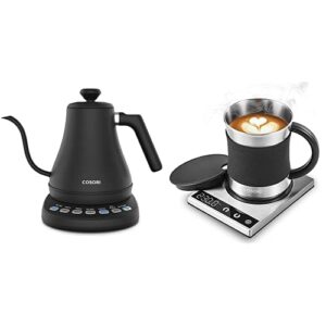 cosori electric gooseneck kettle with 5 variable presets, 100% stainless steel inner lid & bottom, coffee mug warmer & mug set, beverage cup warmer for desk home office use, coffee gifts