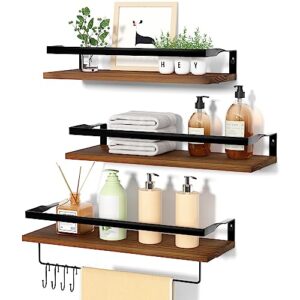 upsimples floating shelves, bathroom shelves set of 3, wood wall shelves with removable towel bar, wall decor for bathroom, bedroom, living room, kitchen, dark brown