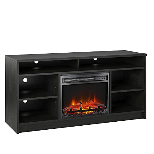 Ameriwood Home Hendrix 55" TV Stand with Electric Fireplace Insert and 6 Shelves, Black Oak, 5.87"D x 47.6"W x 23.27"H