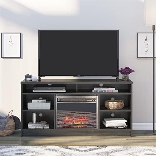 Ameriwood Home Hendrix 55" TV Stand with Electric Fireplace Insert and 6 Shelves, Black Oak, 5.87"D x 47.6"W x 23.27"H