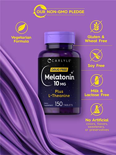 Carlyle Melatonin 10mg | with L-Theanine | 150 Tablets | Extra Strength Formula | Vegetarian, Non-GMO, Gluten Free