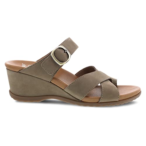 Dansko Aubree Wedge Sandal for Women – Cushioned, Contoured Footbed for All-Day Comfort and Support – Adjustable Hook & Loop Strap with Buckle Detail – Lightweight Rubber Outsole Taupe 9.5-10 M US