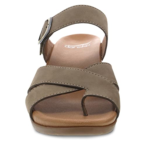 Dansko Aubree Wedge Sandal for Women – Cushioned, Contoured Footbed for All-Day Comfort and Support – Adjustable Hook & Loop Strap with Buckle Detail – Lightweight Rubber Outsole Taupe 9.5-10 M US