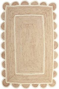 klavate scalloped multi border decor braided jute collection classic quality made natural hand woven area rug (4x6, white)
