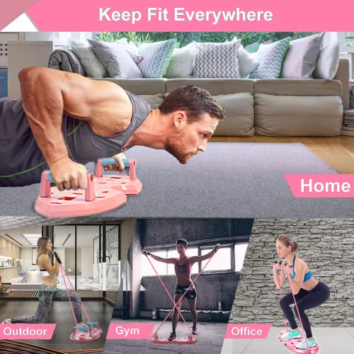 LALAHIGH Home Gym Equipment, Upgraded Push Up Board, 32 in 1 Home Workout Set with Foldable Push Up Bar, Resistance Bands, Core Sliders for Body Toning & Strength Training - Premium Pink Edition