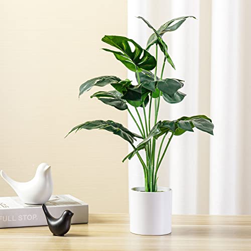 MyGift 20-inch Tall Artificial Garden Monstera Plant in Modern White Planter Pot, Fake Tropical Palm Tree, Faux Leafy Green Tabletop Decoration