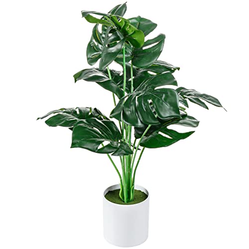 MyGift 20-inch Tall Artificial Garden Monstera Plant in Modern White Planter Pot, Fake Tropical Palm Tree, Faux Leafy Green Tabletop Decoration