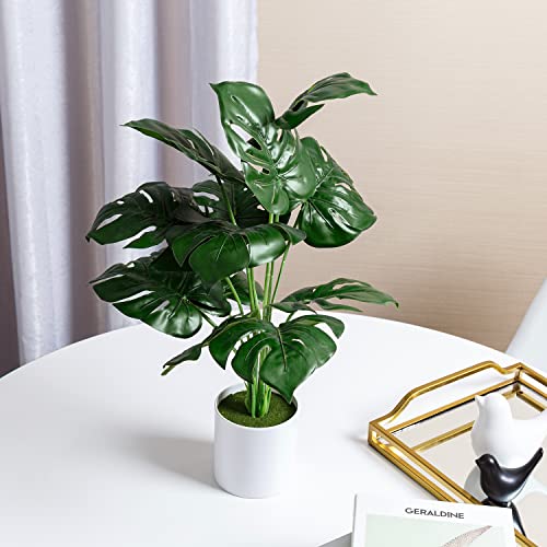 MyGift 20-inch Tall Artificial Garden Monstera Plant in Modern White Planter Pot, Fake Tropical Palm Tree, Faux Leafy Green Tabletop Decoration