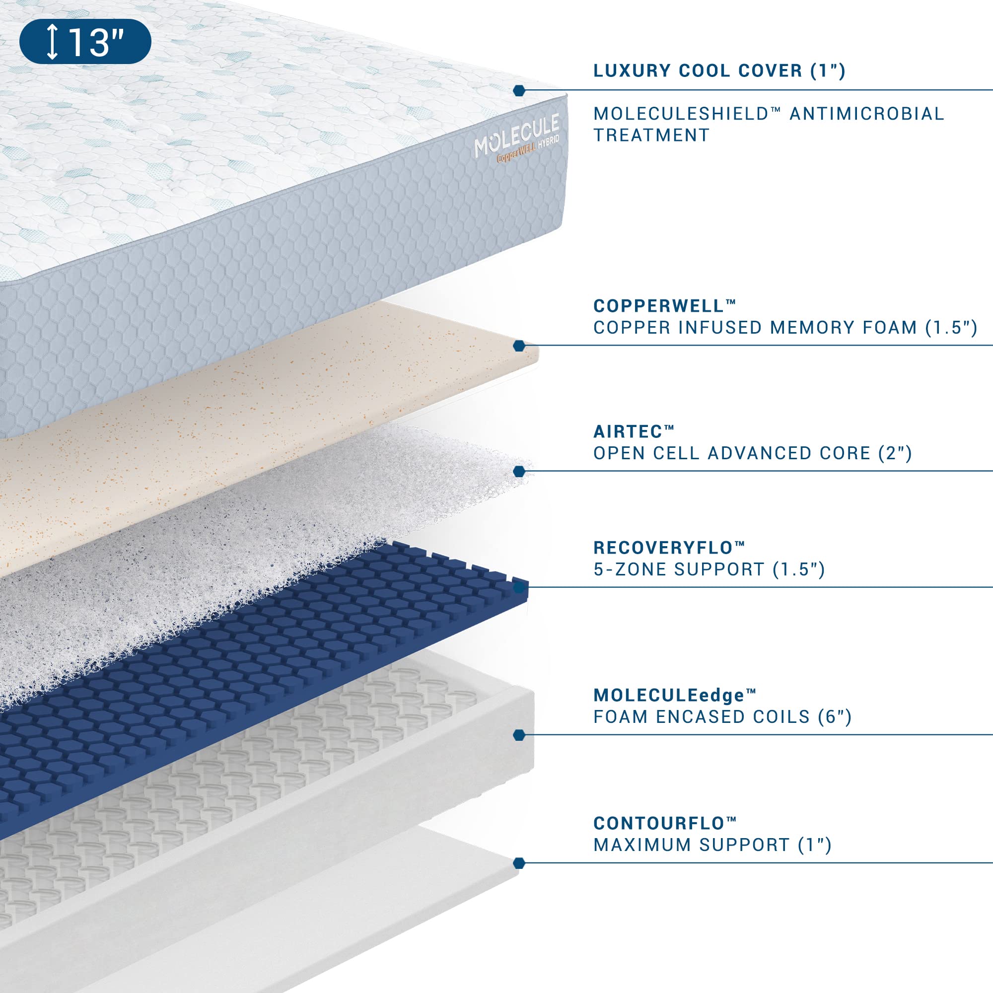 Molecule CopperWELL 13" Hybrid Cooling Gel Memory Foam and Encased Coil Medium Firm Mattress, Cal King